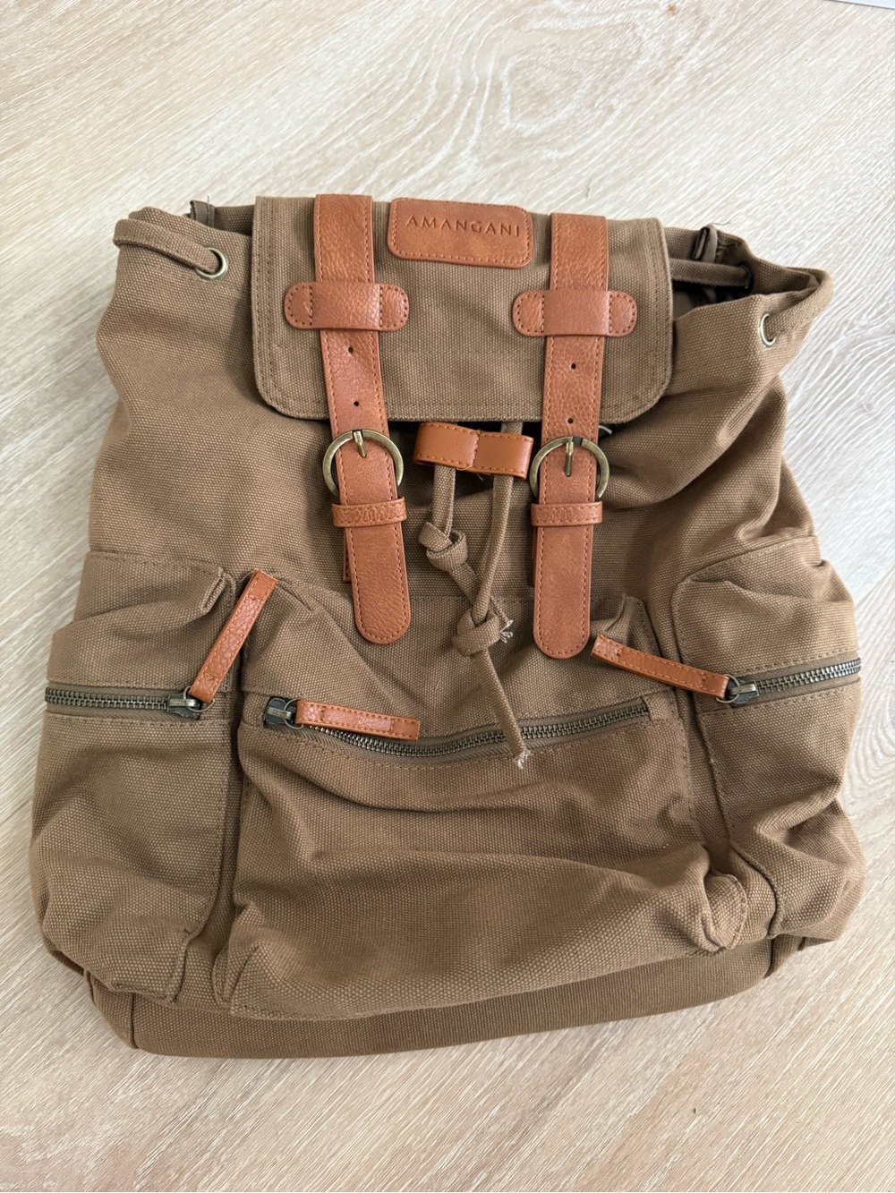 Amangani Rare Canvas and Vegan Leather Backpack Drawstring Closure Buckle Straps